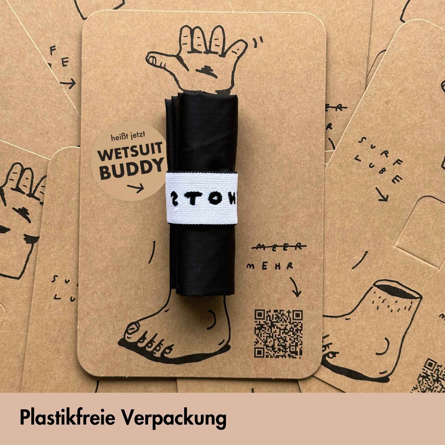 Produktfoto der plastikfreien Verpackung von der Neoprenanzug Anziehhilfe Wetsuit Buddy