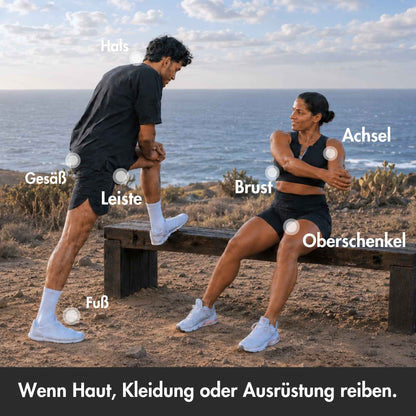 No Rub Anti-Wundreib-Stick schützt vor Hautreibung an Hals, Achseln, Brust, Leiste, Oberschenkeln und Füßen.