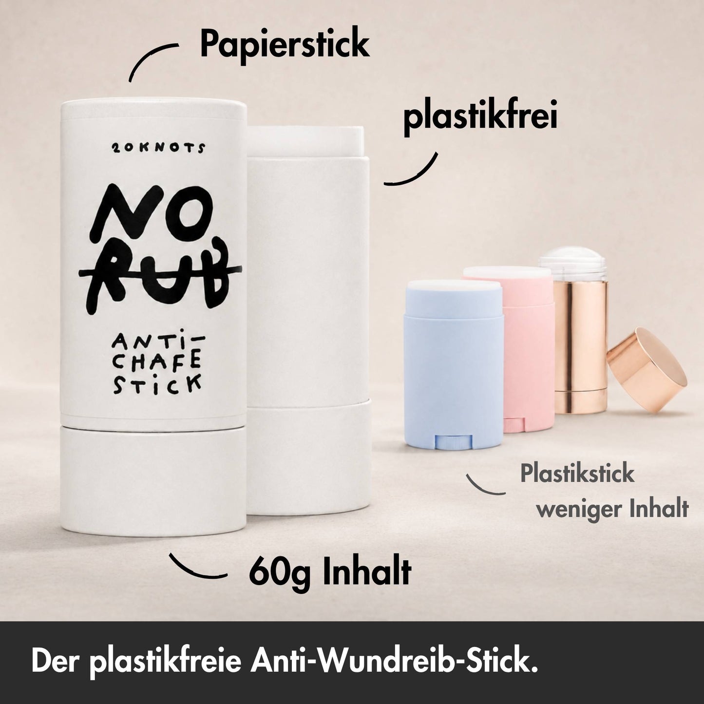 No Rub von 20knots – plastikfreier Anti-Wundreib-Stick in einer Papierhülse als Alternative zu Kunststoffsticks.