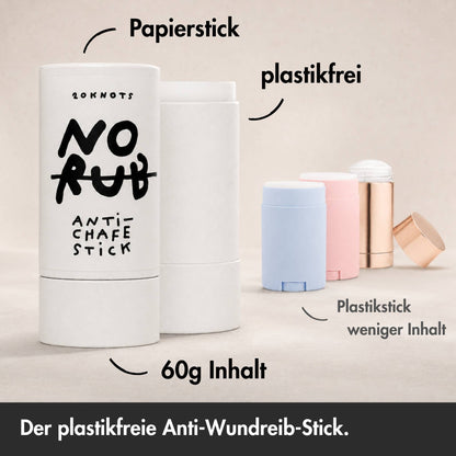 No Rub von 20knots – plastikfreier Anti-Wundreib-Stick in einer Papierhülse als Alternative zu Kunststoffsticks.